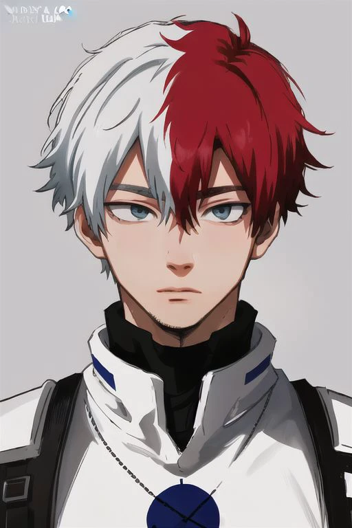 1boy, male focus, boys, yaoi, solo, looking at the view, portrait, shoto todoroki, blue eyes, grey eyes, short hair, white and red hair, simple background, best aesthetics, absurdres, year 2024