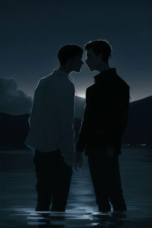 2boys, male focus, boys, yaoi, imminent kiss, looking at the other, standing in the water, night, short hair, black hair, shirt, dark colors, subdued lights, slightly shiny water, dark sky, from below, spotlight, best aesthetics, absurdres, year 2024