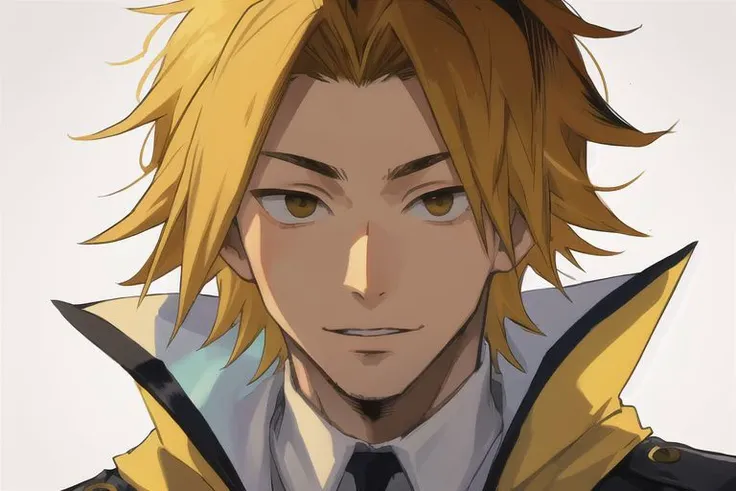 1boy, male focus, boys, yaoi, solo, looking at the view, portrait, kaminari_denki, blonde hair, multicolored hair, simple background, best aesthetics, absurdres, year 2024