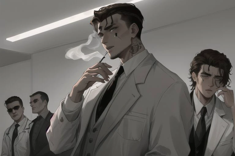 2boys, male focus, boys, yaoi, doctor, brown hair, brown eyes, white medical coat, mafia boss, black hair, gray eyes, mafia boss scars, rich suit, mafia boss tattoo, tattoo on the neck, cigarette in hand, dark theme, best aesthetics, absurdres, year 2024