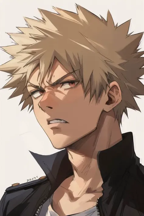 1boy, male focus, boys, yaoi, solo, looking at the view, portrait, bakugou katsuki, angry, simple background, best aesthetics, absurdres, year 2024