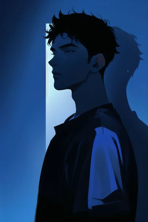 1boy, male focus, boys, yaoi, solo, looking at the view, gloomy, short hair, black hair, blue eyes, t-shirt, dark theme, blue theme, spotlight, silhouette, simple background, best aesthetics, absurdres, year 2024