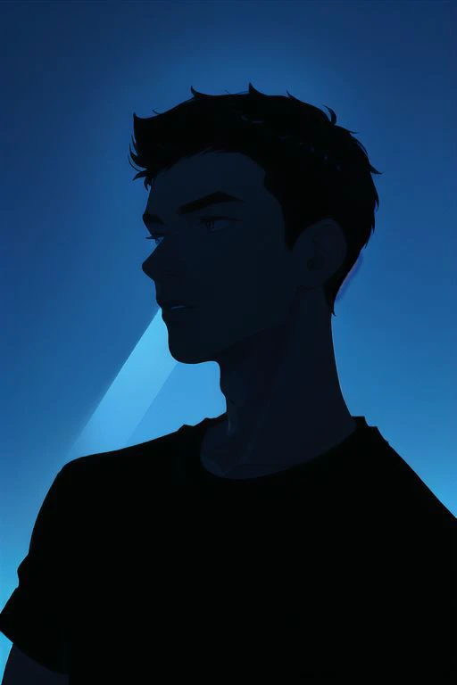 1boy, male focus, boys, yaoi, solo, looking at the view, gloomy, short hair, black hair, blue eyes, t-shirt, dark theme, blue theme, spotlight, silhouette, simple background, best aesthetics, absurdres, year 2024