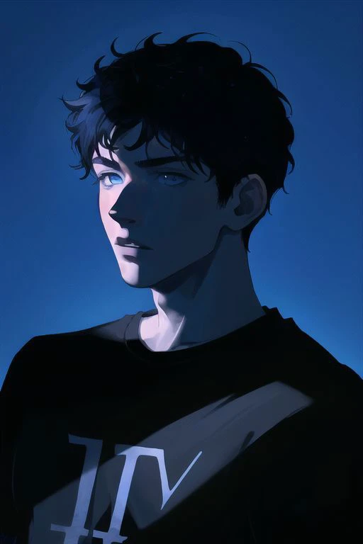 1boy, male focus, boys, yaoi, solo, looking at the view, gloomy, short hair, black hair, blue eyes, t-shirt, dark theme, blue theme, spotlight, silhouette, simple background, best aesthetics, absurdres, year 2024