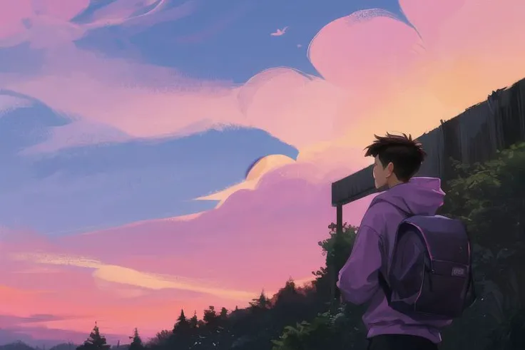 1boy, male focus, yaoi, solo, sunset in the background, sky, clouds, red-pink-purple sky, brown hair, shirt hair, hoodie, black sweatpants, a backpack is hanging on his back, look away, year 2024