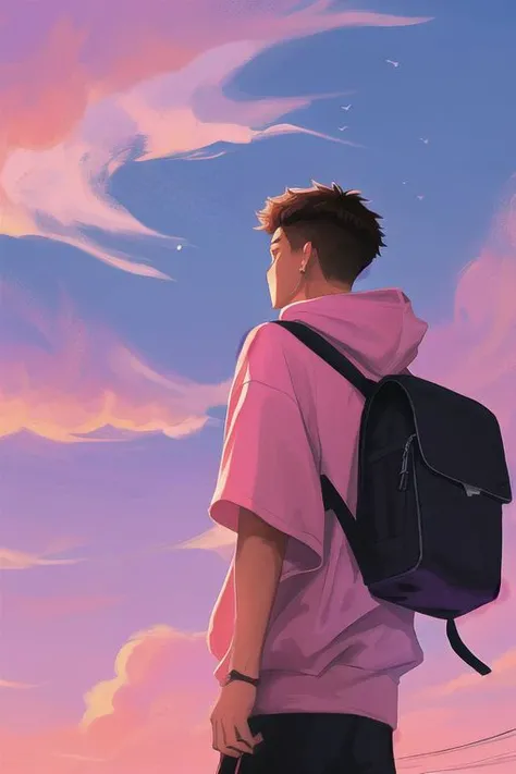1boy, male focus, yaoi, solo, sunset in the background, sky, clouds, red-pink-purple sky, brown hair, shirt hair, hoodie, black sweatpants, a backpack is hanging on his back, look away, year 2024