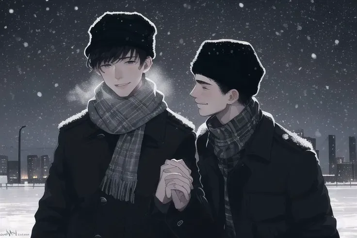 2boys, male focus, boys, yaoi, imminent kiss, skating, holding hands, on ice, winter, it's snowing, hat, scarf, jacket, smiling, night, short hair, black hair, dark colors, subdued lights, dark sky, spotlight, best aesthetics, absurdres, year 2024