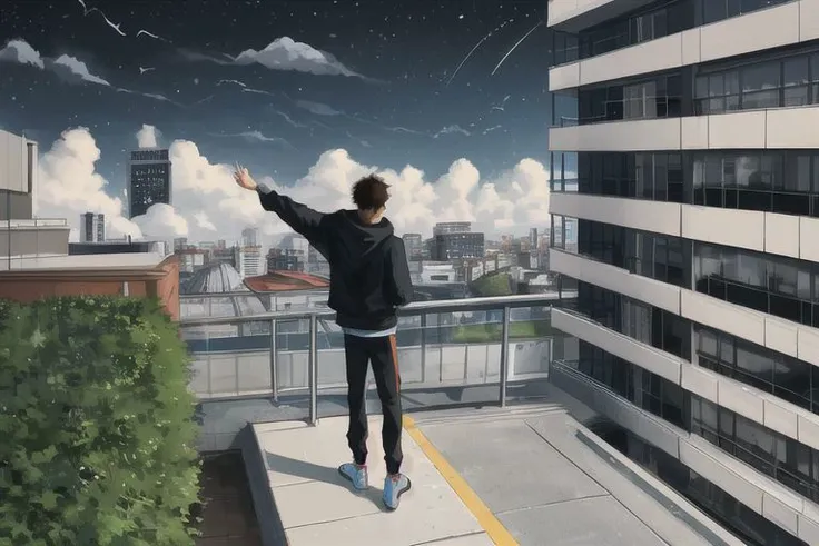1boy, male focus, yaoi, solo, dark night in the background, sky, clouds, dark sky, brown hair, shirt hair, hoodie, black sweatpants,standing, on the edge of the roof of a multi-storey building, look forward, stands with his back to the viewer, his arms are outstretched to the sides of him, year 2024