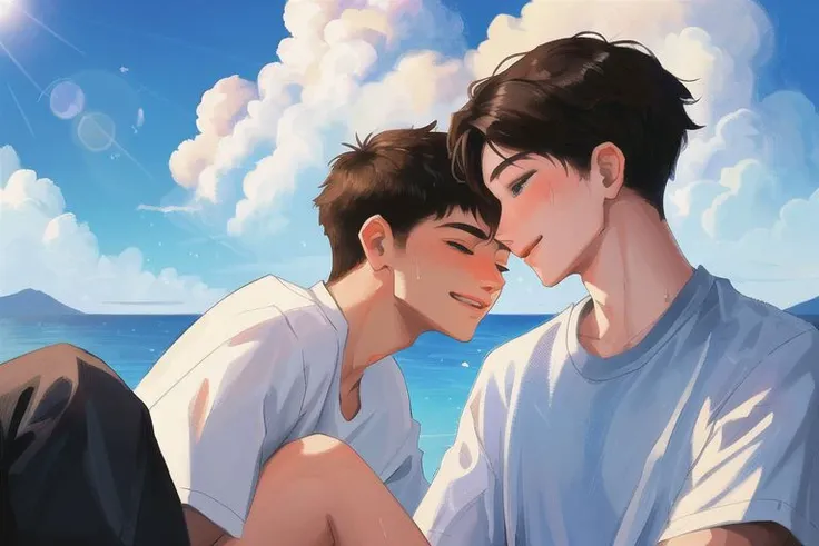 2boys, male focus, boys, yaoi, imminent kiss, looking at another, smile, short hair, black hair, closed eyes, brown hair, blue eyes, shirt, lens flare, sky, cloud, blue sky, sweat, best quality, amazing quality, best aesthetic, absurdres, year 2023