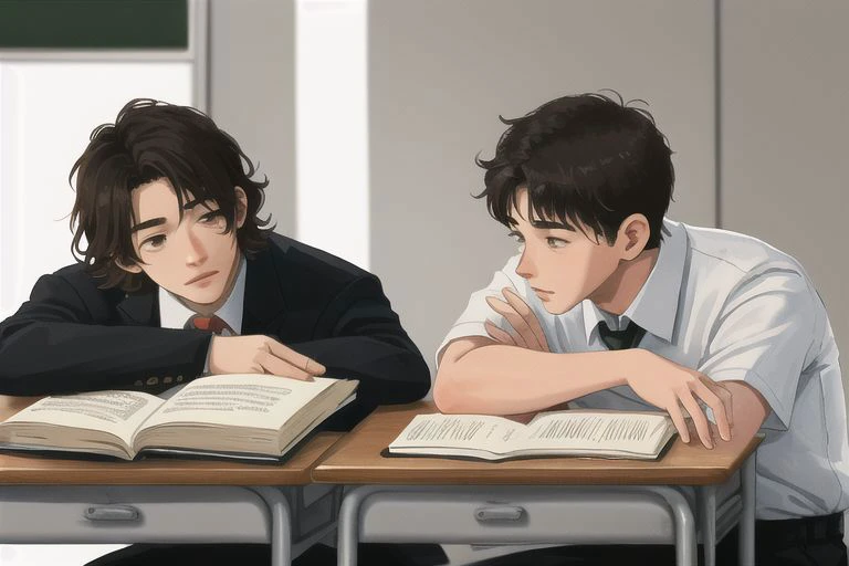 2boys, male focus, boys, yaoi, agers, school, classmates, sitting at the same desk, looking at the other, textbooks, notebooks, chatting, short hair, black hair, brown hair, brown eyes, school uniforms, white shirt, dark colors, subdued lights, spotlight, leafing through the background, summer, best aesthetics, absurdres, year 2024