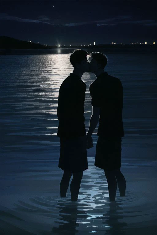2boys, male focus, boys, yaoi, imminent kiss, looking at the other, standing in the water, night, short hair, black hair, shirt, dark colors, subdued lights, slightly shiny water, dark sky, from below, spotlight, best aesthetics, absurdres, year 2124
