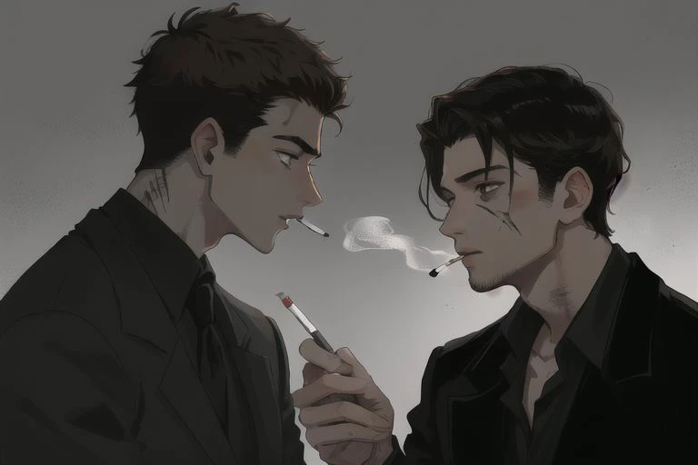 2boys, male focus, boys, yaoi, doctor, brown hair, brown eyes, mafia boss, black hair, gray eyes, scars, cigarette in hand, dark theme, best aesthetics, absurdres, year 2024