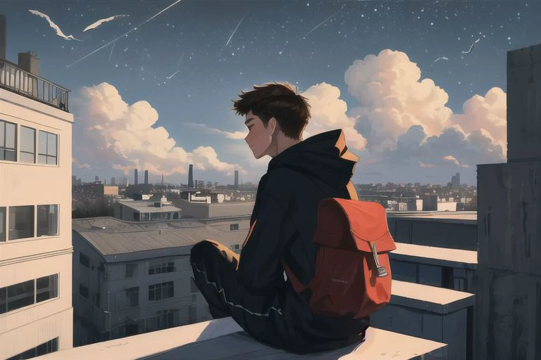 1boy, male focus, yaoi, solo, dark night in the background, sky, clouds, dark sky, brown hair, shirt hair, hoodie, black sweatpants, a backpack is hanging on his back, sitting, on the edge of the roof of a multi-storey building, look away, sitting sideways to the viewer, year 2024