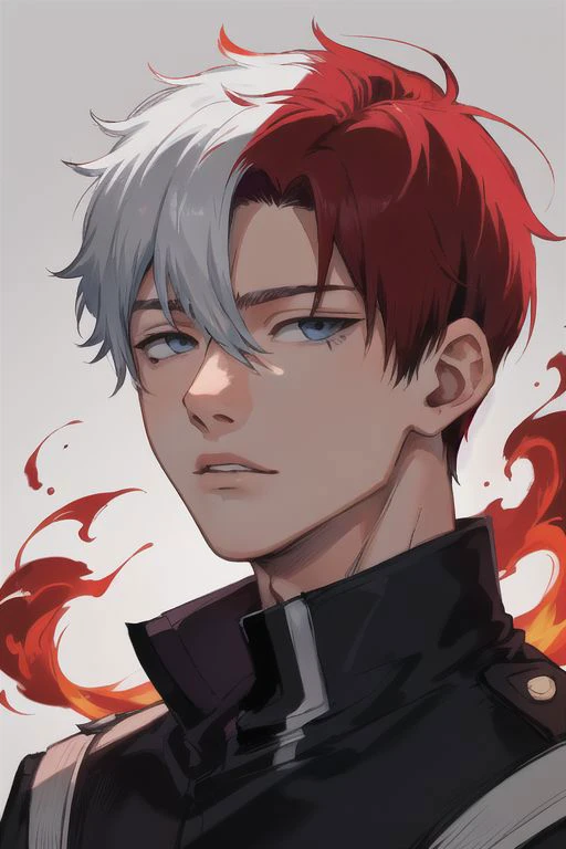 1boy, male focus, boys, yaoi, solo, looking at the view, portrait, shoto todoroki, blue eyes, grey eyes, short hair, white and red hair, burn on the left eye, simple background, best aesthetics, absurdres, year 2024