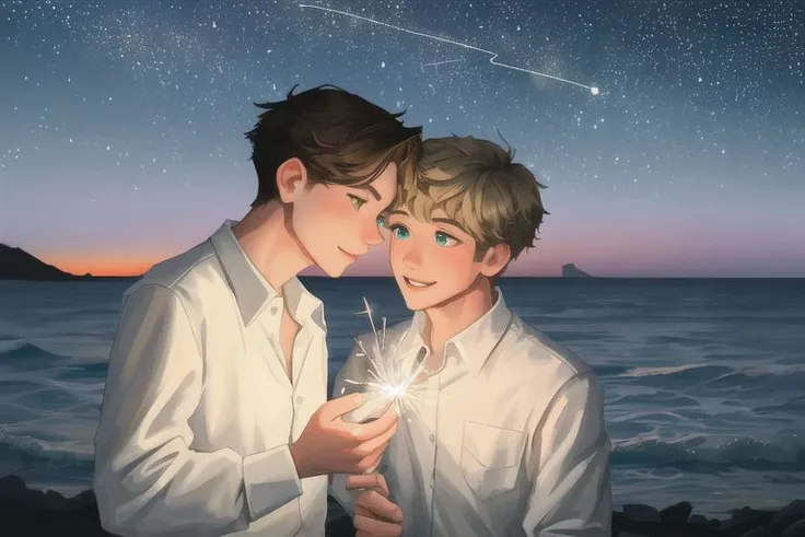 2boys, male focus, boys, yaoi, imminent kiss, looking at another, smile, by the sea, night, dark sky, stars, sparklers in hands, short hair, brown hair, blue eyes, blonde hair, green eyes, shirt, best quality, amazing quality, best aesthetics, absurdres, year 2024