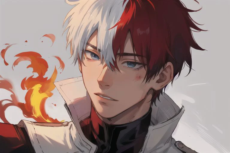1boy, male focus, boys, yaoi, solo, looking at the view, portrait, shoto todoroki, blue eyes, grey eyes, short hair, white and red hair, burn on the left eye, simple background, best aesthetics, absurdres, year 2024