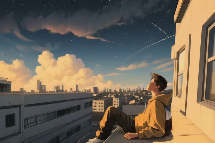 1boy, male focus, yaoi, solo, night in the background, sky, clouds, dark sky, brown hair, shirt hair, hoodie, black sweatpants, a backpack is hanging on his back, sitting, on the edge of the roof of a multi-storey building, look away, sitting sideways to the viewer, year 2024