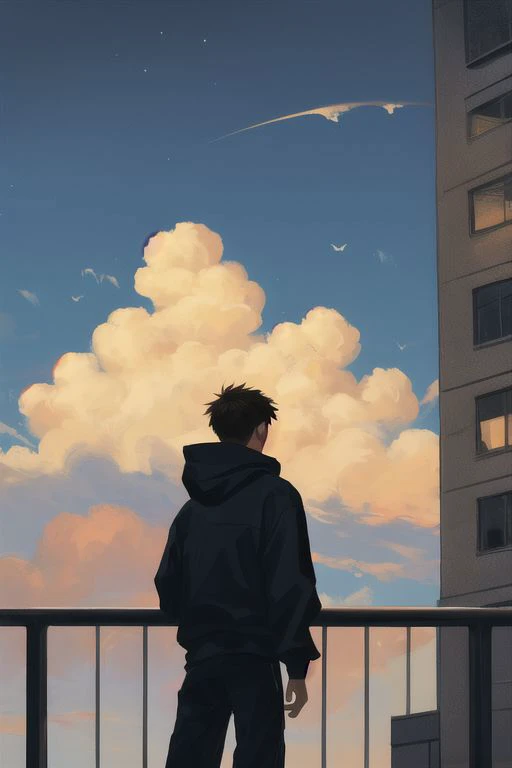 1boy, male focus, yaoi, solo, dark night in the background, sky, clouds, dark sky, brown hair, shirt hair, hoodie, black sweatpants,standing, on the edge of the roof of a multi-storey building, look forward, stands with his back to the viewer, his two arms are outstretched to the sides of him, year 2024