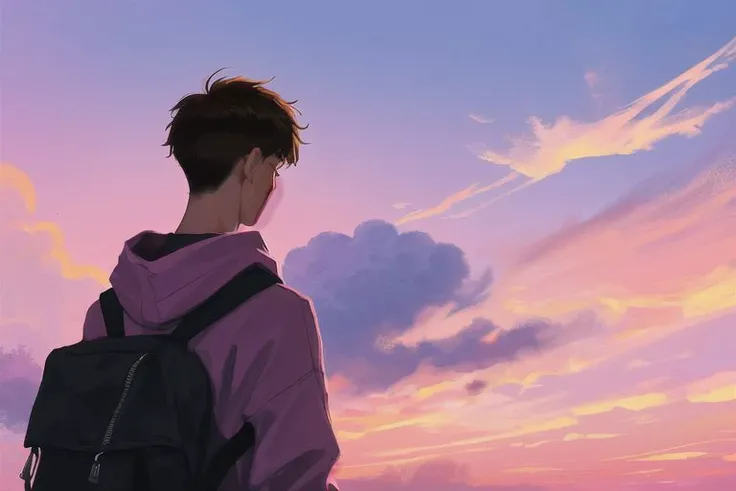 1boy, male focus, yaoi, solo, sunset in the background, sky, clouds, red-pink-purple sky, brown hair, shirt hair, hoodie, black sweatpants, a backpack is hanging on his back, look away, year 2024