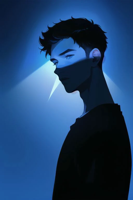 1boy, male focus, boys, yaoi, solo, looking at the view, gloomy, short hair, black hair, blue eyes, t-shirt, dark theme, blue theme, spotlight, silhouette, simple background, best aesthetics, absurdres, year 2024