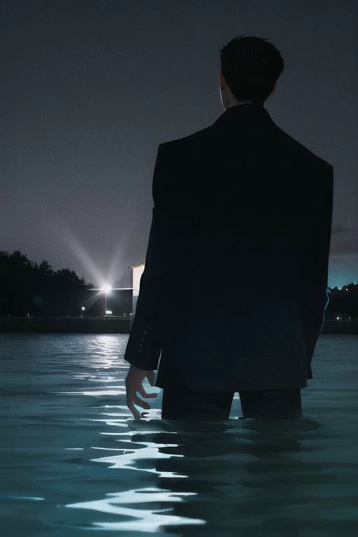 1boy, male focus, boys, yaoi, solo, standing in the water, night, short hair, black hair, shirt, dark colors, subdued lights, slightly shiny water, dark sky, from below, spotlight, best aesthetics, absurdres, year 2124