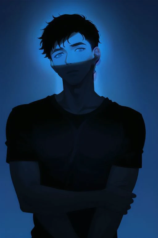 1boy, male focus, boys, yaoi, solo, looking at the view, gloomy, short hair, black hair, blue eyes, t-shirt, dark theme, blue theme, spotlight, silhouette, simple background, best aesthetics, absurdres, year 2024