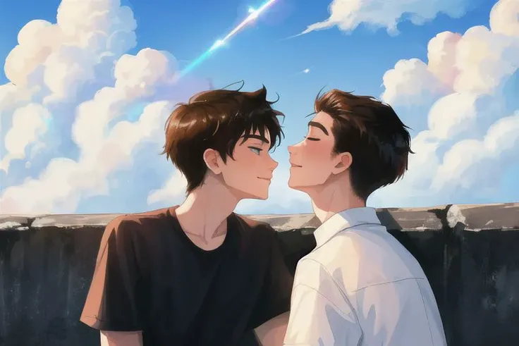 2boys, male focus, boys, yaoi, imminent kiss, looking at another, smile, short hair, black hair, closed eyes, brown hair, blue eyes, shirt, lens flare, sky, cloud, blue sky, sweat, best quality, amazing quality, best aesthetic, absurdres, year 2023