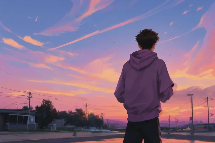 1boy, male focus, yaoi, solo, sunset in the background, sky, clouds, red-pink-purple sky, brown hair, shirt hair, hoodie, black sweatpants, a backpack is hanging on his back, look away, year 2024