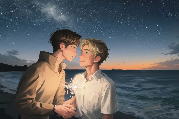 2boys, male focus, boys, yaoi, imminent kiss, looking at another, smile, by the sea, night, dark sky, stars, sparklers in hand, short hair, brown hair, blue eyes, blonde hair, green eyes, shirt, best quality, amazing quality, best aesthetics, absurdres, year 2024