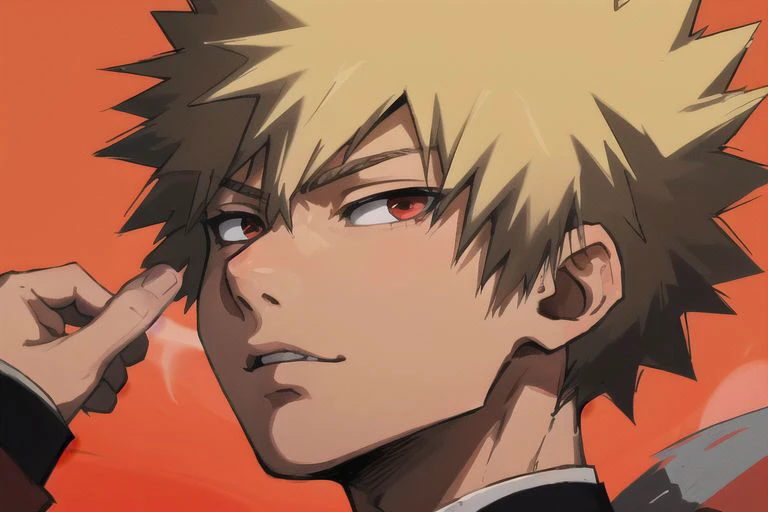 1boy, male focus, boys, yaoi, solo, looking at the view, portrait, bakugou katsuki, short hair, blonde hair, red eyes, simple background, best aesthetics, absurdres, year 2024