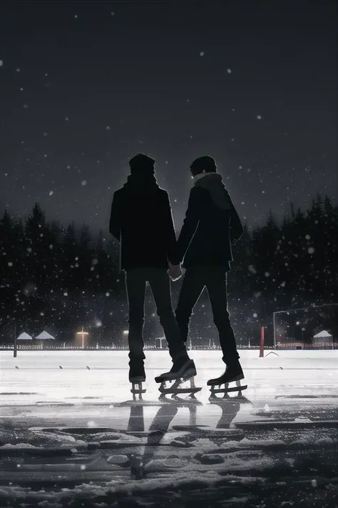 2boys, male focus, boys, yaoi, skating, holding hands, on ice, winter, it's snowing, hat, scarf, jacket, smiling, night, short hair, black hair, dark colors, subdued lights, dark sky, from below, spotlight, best aesthetics, absurdres, year 2024