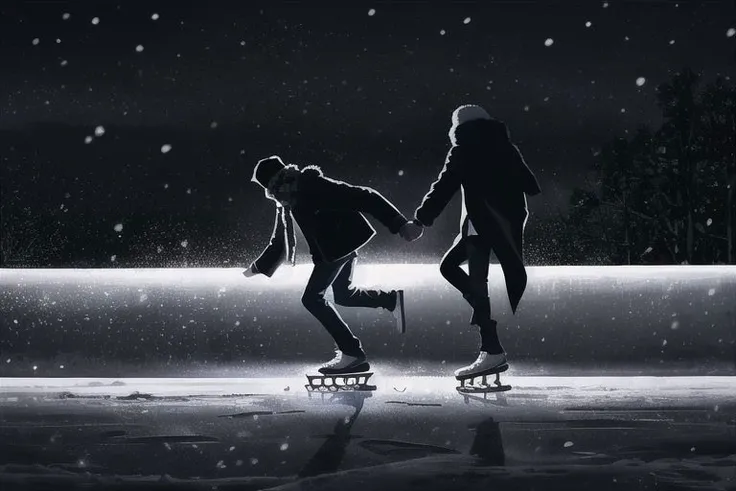 2boys, male focus, boys, yaoi, skating, holding hands, on ice, winter, it's snowing, hat, scarf, jacket, smiling, night, short hair, black hair, dark colors, subdued lights, dark sky, from below, spotlight, best aesthetics, absurdres, year 2024