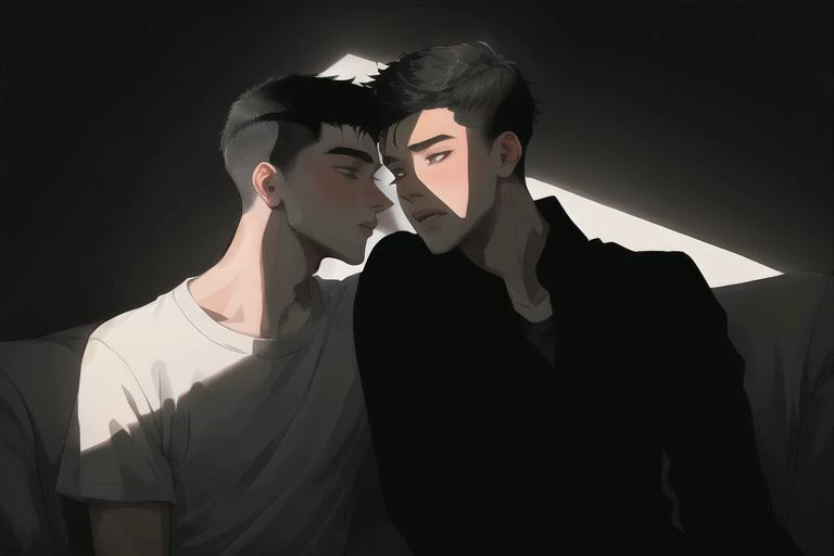 2boys, male focus, boys, yaoi, actors, imminent kiss, theater, scene, undershit, shorts, short hair, black hair, dark colors, subdued lights, spotlight, best aesthetics, absurdres, year 2024