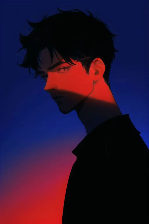 1boy, male focus, boys, yaoi, solo, looking at the view, gloomy, short hair, black hair, blue eyes, t-shirt, dark theme, red theme, spotlight, silhouette, simple background, best aesthetics, absurdres, year 2024