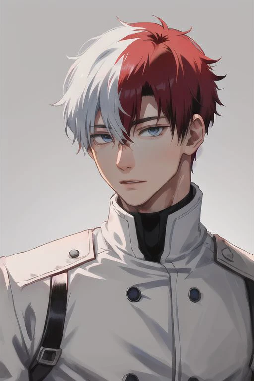 1boy, male focus, boys, yaoi, solo, looking at the view, portrait, shoto todoroki, blue eyes, grey eyes, short hair, white and red hair, simple background, best aesthetics, absurdres, year 2024