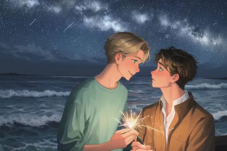 2boys, male focus, boys, yaoi, imminent kiss, looking at another, smile, by the sea, night, dark sky, stars, sparklers, short hair, brown hair, blue eyes, blonde hair, green eyes, shirt, best quality, amazing quality, best aesthetics, absurdres, year 2024