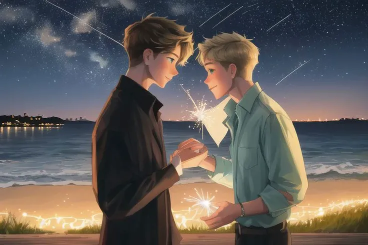2boys, male focus, boys, yaoi, imminent kiss, looking at another, smile, by the sea, night, dark sky, stars, sparklers in hands, short hair, brown hair, blue eyes, blonde hair, green eyes, shirt, best quality, amazing quality, best aesthetics, absurdres, year 2024
