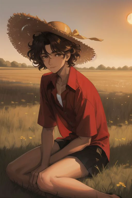 1boy, male focus, boys, yaoi, solo, handsome, portrait, looking at the view, sitting in the middle of field, a hat on head made of straw, a red shirt, a shirt slightly opens the neckline, a shirt unbuttoned with the first two buttons, flat chest, smooth chest, thin legs, smooth legs, brown hair, curls, smile, brown eyes, the sun is shining, summer, dark theme, best aesthetics, absurdres, year 1990