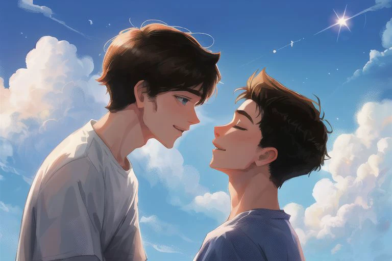 2boys, male focus, boys, yaoi, imminent kiss, looking at another, smile, short hair, black hair, closed eyes, brown hair, blue eyes, shirt, lens flare, sky, cloud, blue sky, sweat, best quality, amazing quality, best aesthetic, absurdres, year 2023