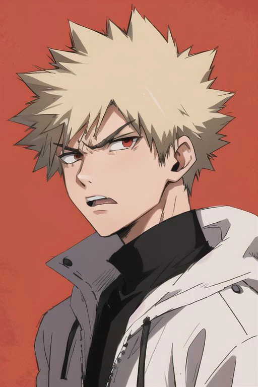 1boy, male focus, boys, yaoi, solo, looking at the view, portrait, bakugou katsuki, short hair, blonde hair, red eyes, angry, simple background, best aesthetics, absurdres, year 2024