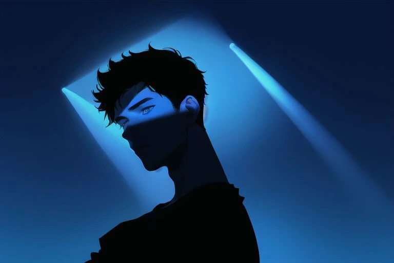 1boy, male focus, boys, yaoi, solo, looking at the view, gloomy, short hair, black hair, blue eyes, t-shirt, dark theme, blue theme, spotlight, silhouette, simple background, best aesthetics, absurdres, year 2024