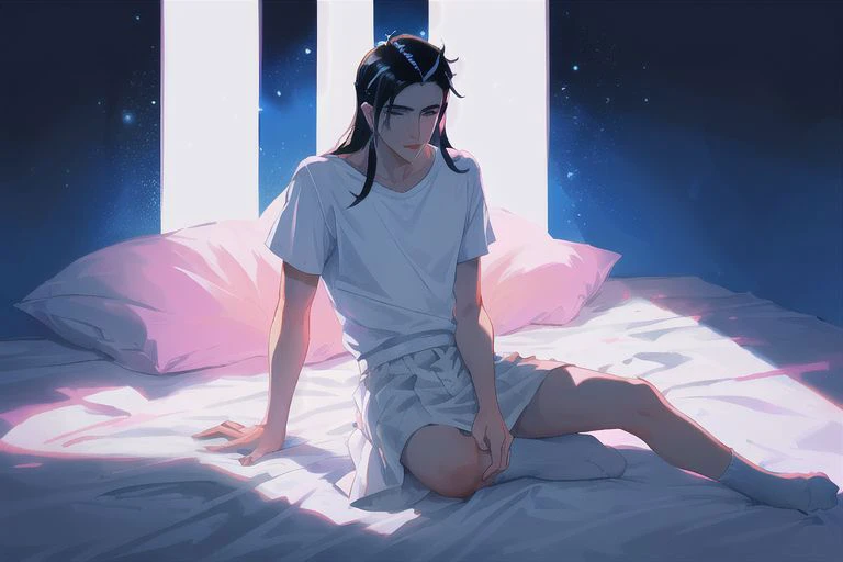 1boy, male focus, boys, yaoi, solo, looking at the view, femboy, long hair, black hair, white t-shirt, pink skirt, white knee socks, blue eyes, hairpins, simple background, dark theme, best aesthetics, absurdres, year 2024