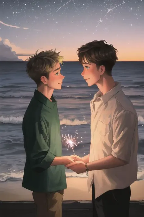 2boys, male focus, boys, yaoi, imminent kiss, looking at another, smile, by the sea, night, dark sky, stars, sparklers, short hair, brown hair, blue eyes, blonde hair, green eyes, shirt, best quality, amazing quality, best aesthetics, absurdres, year 2024