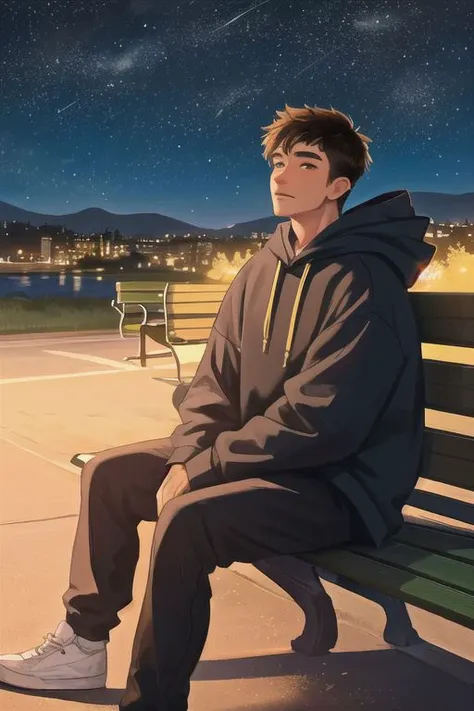 1boy, male focus, yaoi, solo, night in the background, darkness, dark, night sky, brown hair, shirt hair, hoodie, black sweatpants, sneake, sitting, on the bench, a bench on the edge of a cliff, look straight ahead, sitting sideways to the viewer, year 2024