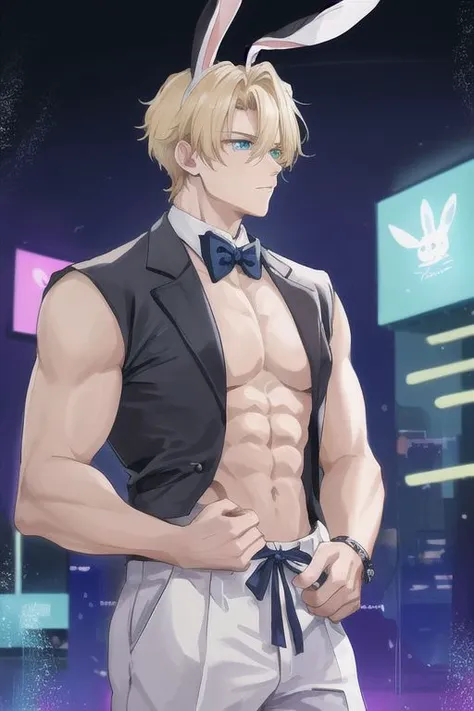 1boy, male focus, boys, yaoi, muscular male, bara, bunny costume, sexual costume, bunny ears, abs, looking away, blonde hair, blue eyes, short hair, night, night club, neon background, simple background, best aesthetics, absurdres, year 2024