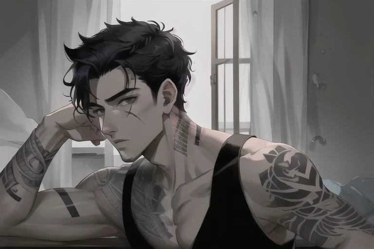 1boy, male focus, boys, yaoi, solo, mafia boss, looking at the view, black hair, gray eyes, tattoo, tattoo on the neck, scars, tank body, musclular, handsome, best aesthetics, absurdres, year 2024