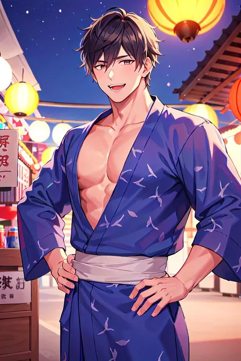 best quality, masterpiece, highres, 1boy, male focus, solo, bishounen, hand on hip, pectoral cleavage, looking at viewer, smile, open mouth, summer festival, market stall, paper lantern, blue yukata, beautiful lighting, handsome, male, highly detailed <lora:husbandoLocon_v32:0.5>