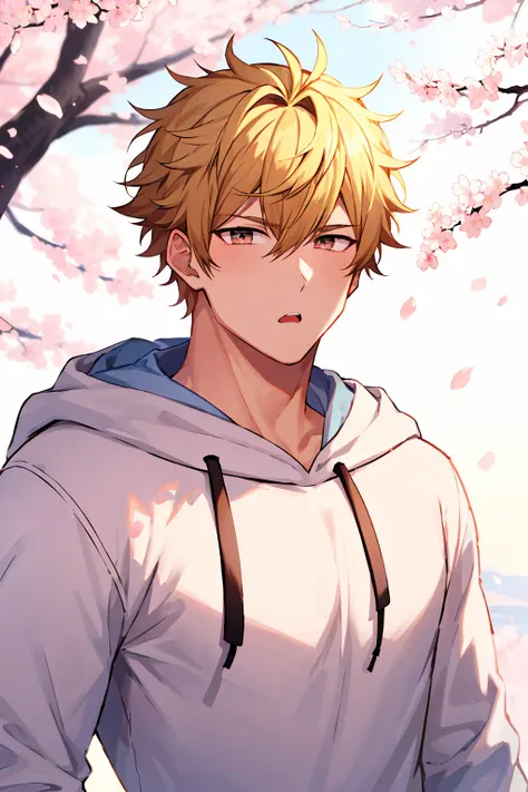 best quality, masterpiece, highres, 1boy, solo, male focus, short hair, blonde hair, messy hair, brown eyes, bags under eyes, bara, muscular male, hoodie, hood down, looking at viewer, :o, highly detailed, handsome, male, 8k, portrait, cherry blossoms <lora:husbandoLocon_v33:0.6>