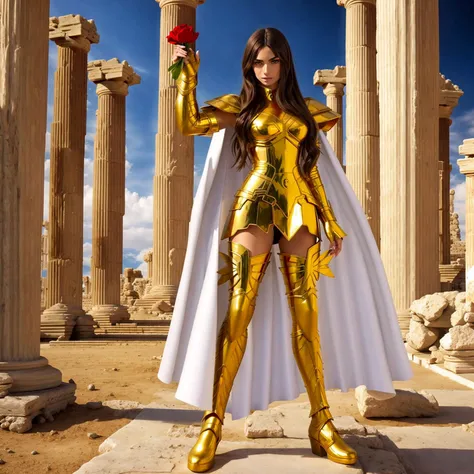 <lora:PiscesArmor:0.6>, masterpiece, best quality, masterpiece, detailed face, detailed eyes, full body, emily ratajkowski wearing golden female armor, white cape, Atlantis greek temple ruins, fight pose, red rose
