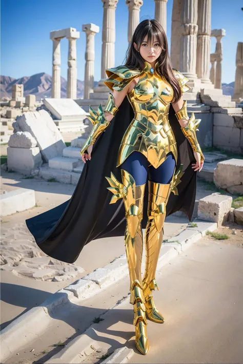 (8k, best quality, masterpiece:1.2), (realistic, photo-realistic:1.37), ultra-detailed, 1 girl,cute, solo,beautiful detailed sky, masterpiece, best quality, masterpiece, detailed face, detailed eyes, full body, golden Armor, greek temple ruins in the desert, attack pose, cape, close up, piscesarmor, standing, (upper body:1.4)